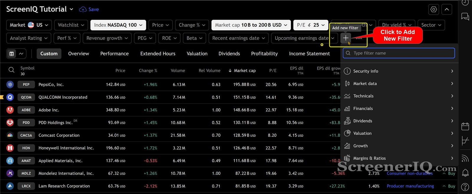 Stock Screener add filters