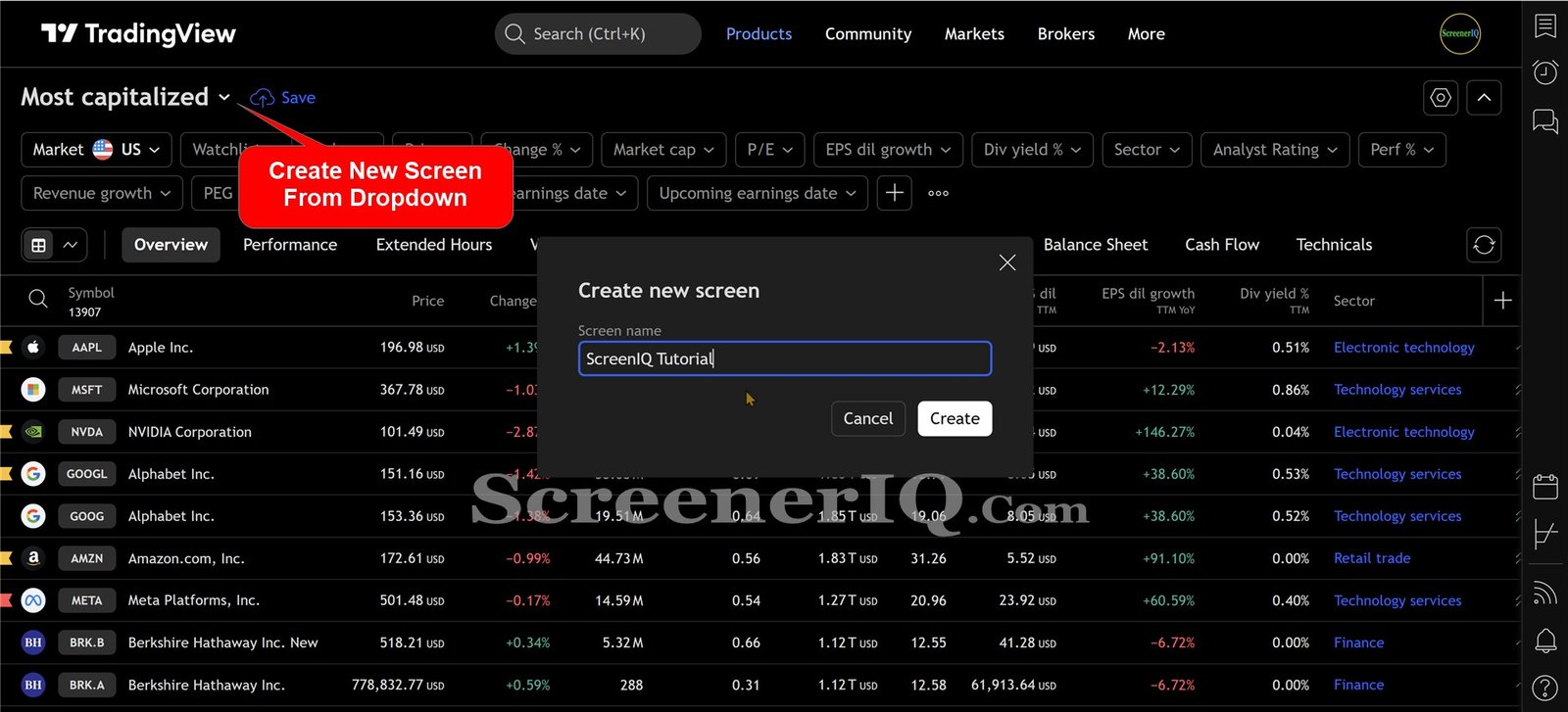Create a new stock screen