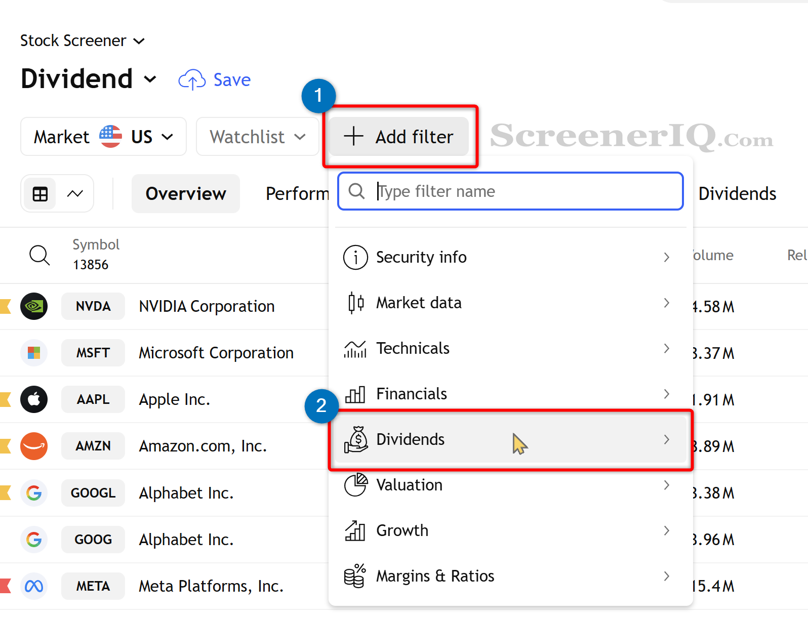 dividend stock screener filter
