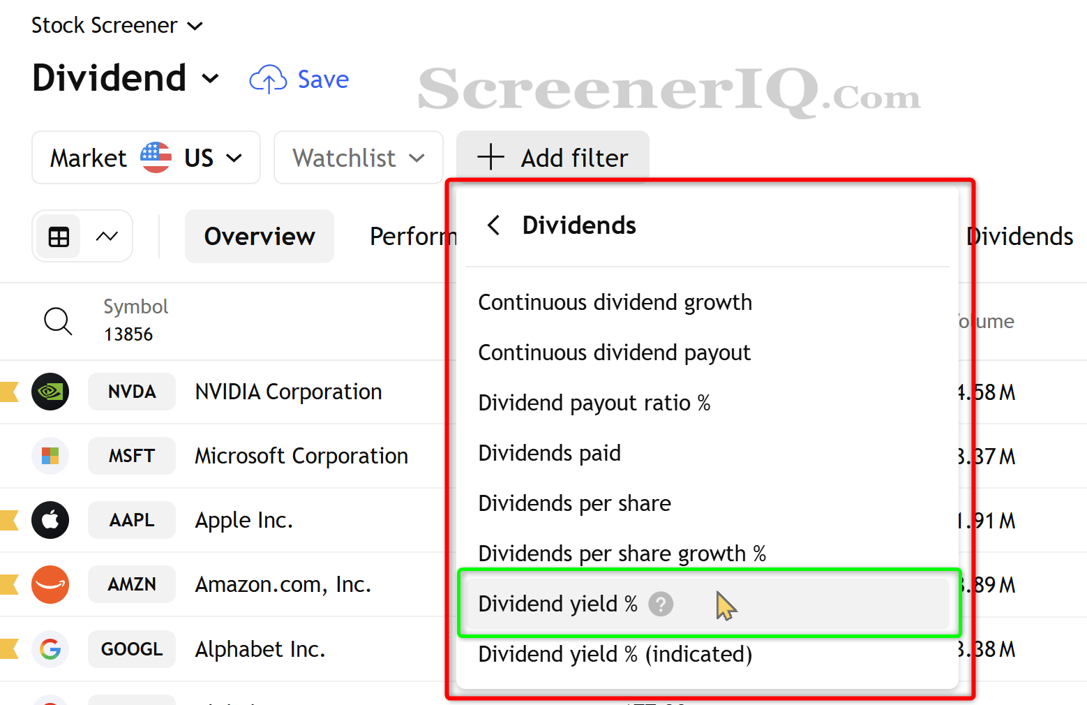 dividend yield screener filter