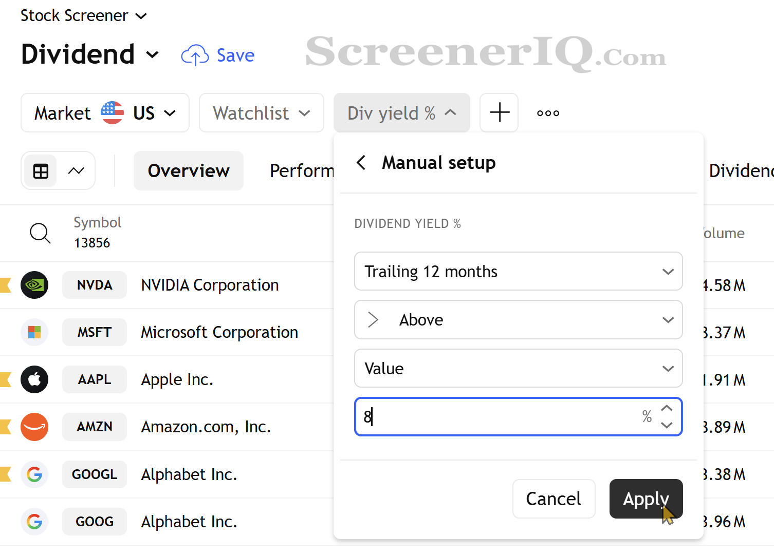 dividend screener 8 percent yield