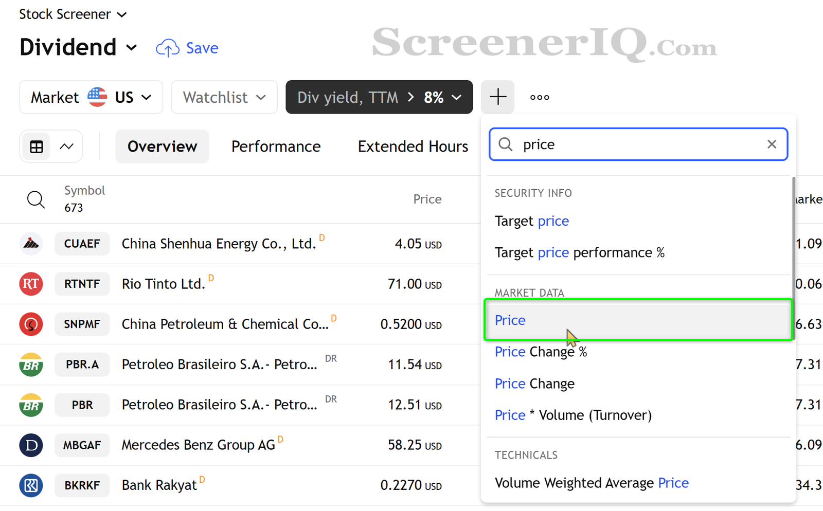 dividend screener price filter