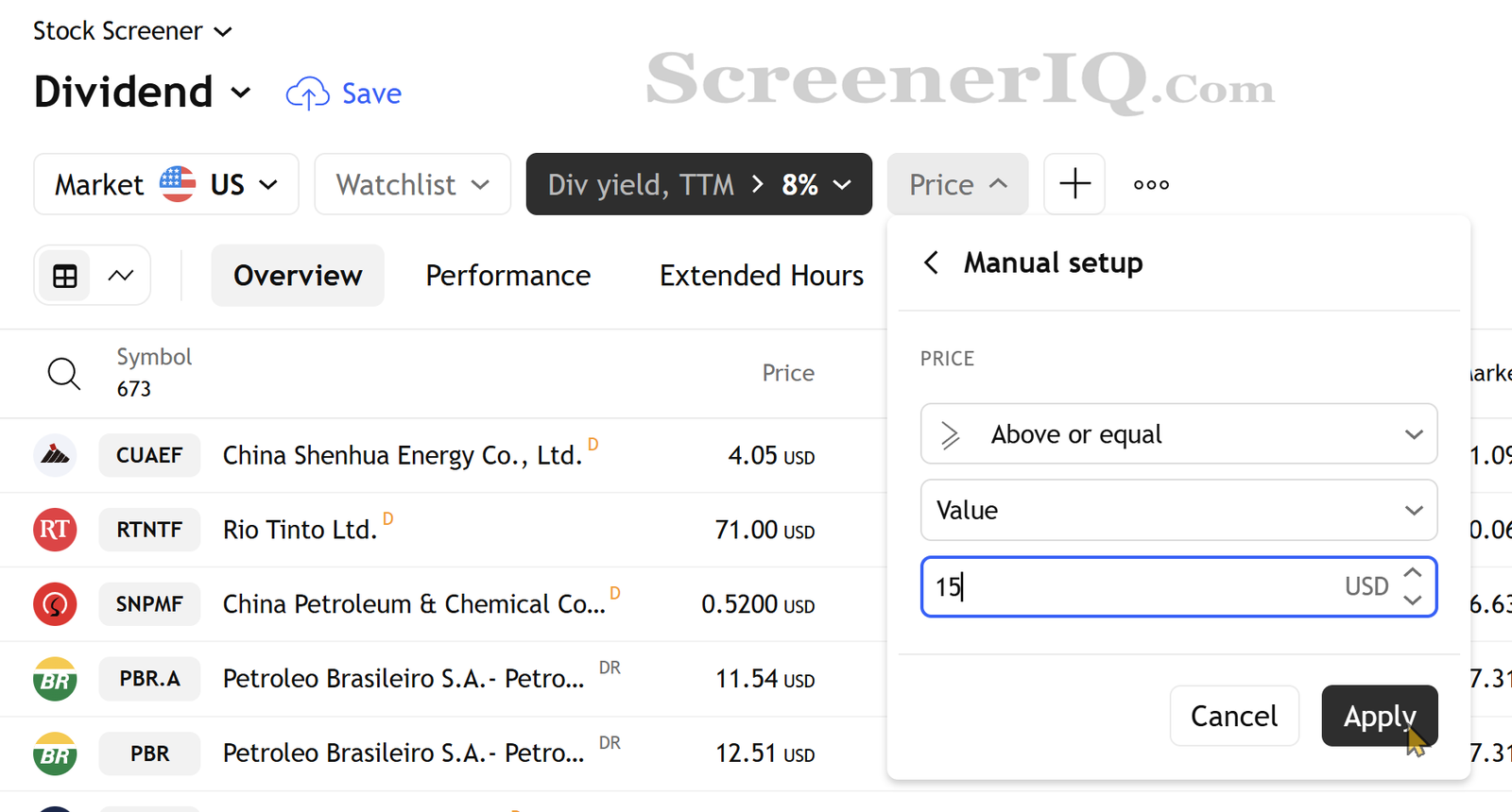 stock screener price setting