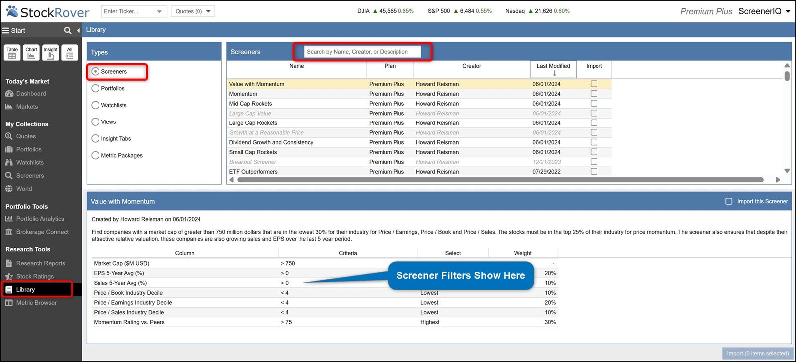 stock rover screener library